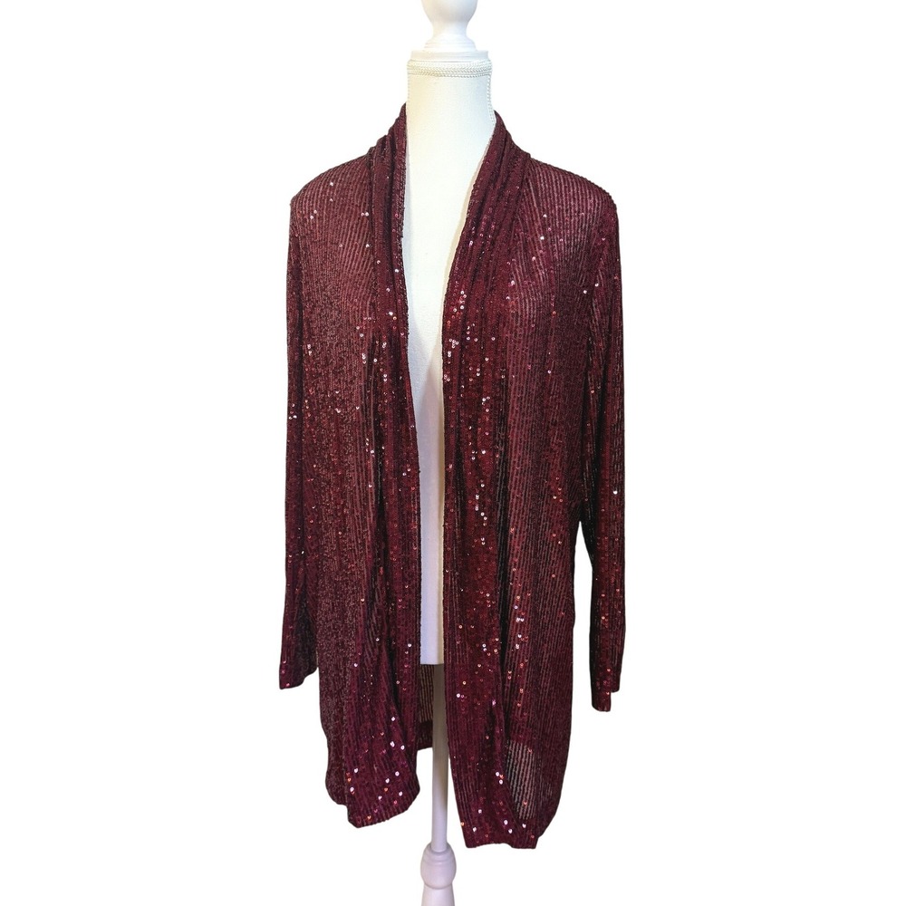 Anne Klein Sequin Cardigan Women S Burgundy Open Front Shimmer Festive Glam‎
